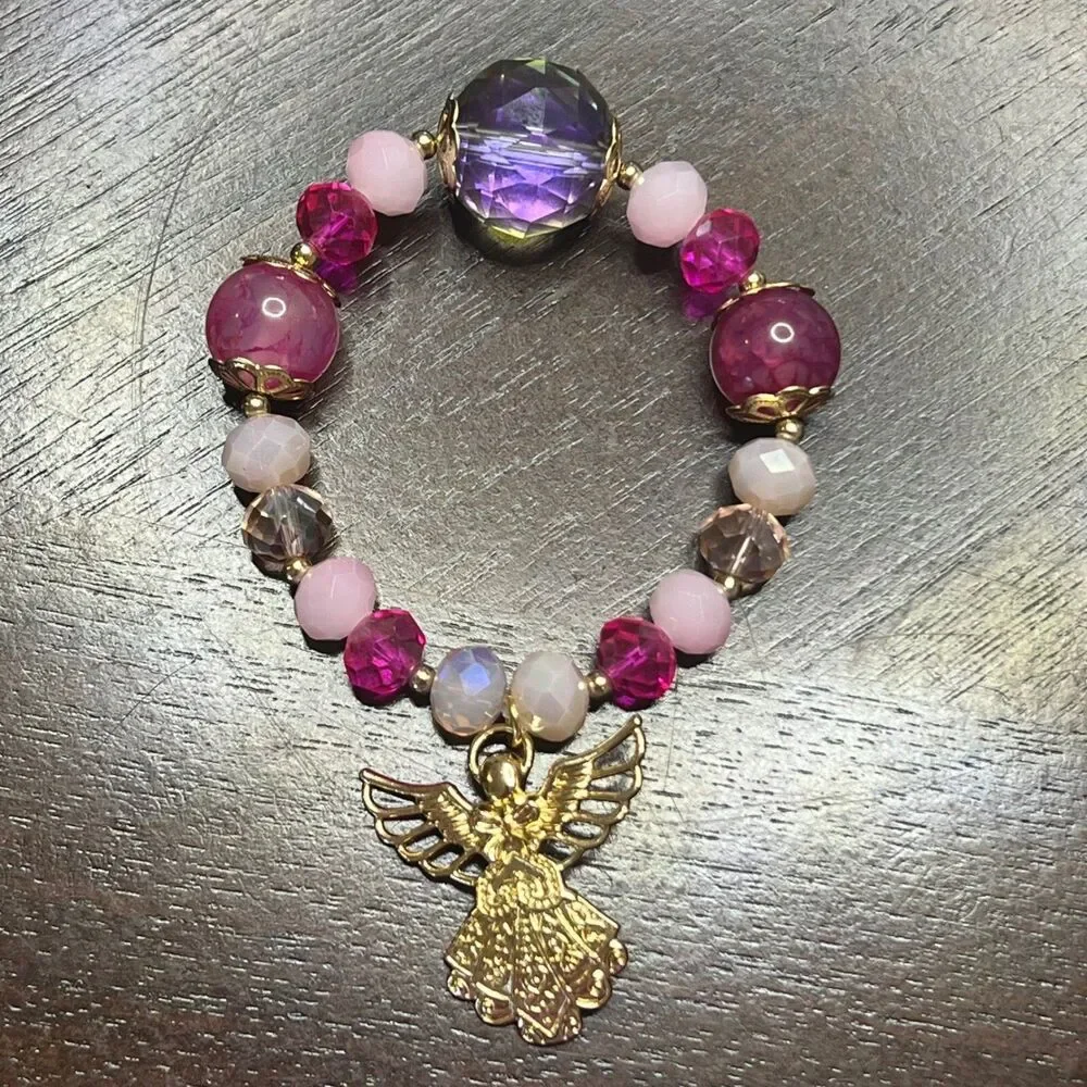 Natural Stone Beaded Bracelet Angel Charm‎ Stretch Pink Crystal Jewelry Women